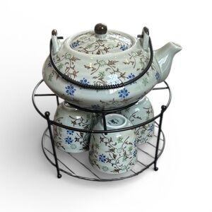 Pier 1 Tomoko Ceramic Floral Asian Tea Pot and Set of 4 Tea Cups with Stand